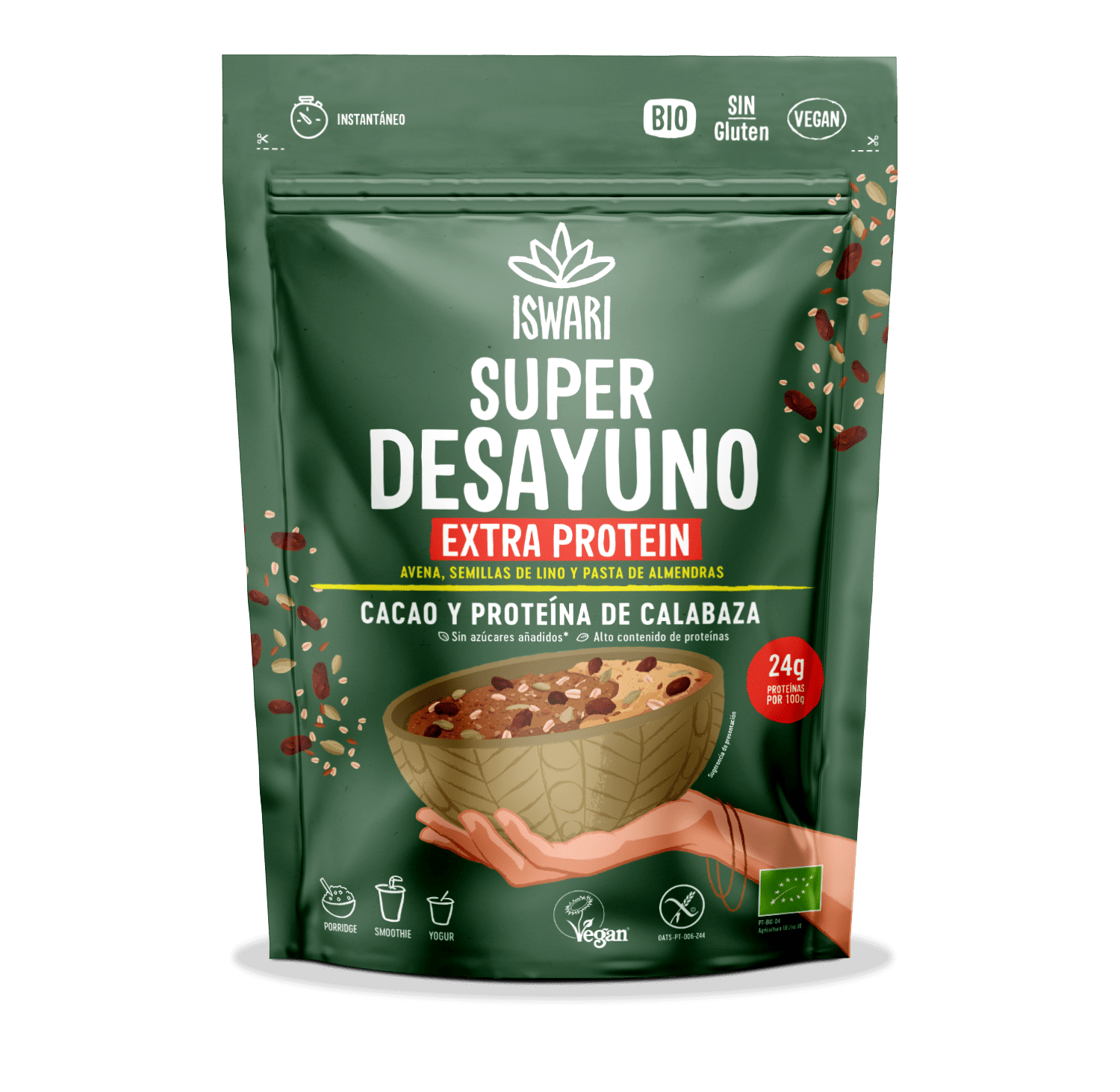 Super desayuno Extra Protein - Cacao y proteína de calabaza 360g (Iswari)